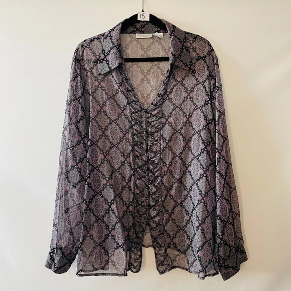 Worthington Womens Purple Long Sleeve Medallion Tile Button Up Blouse Size 2X - Picture 1 of 8